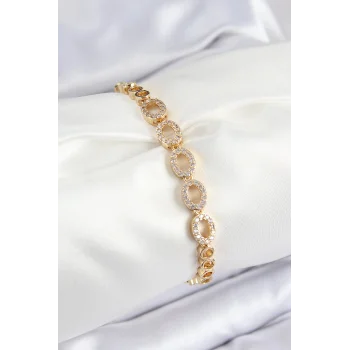 Pirinç Zirkon Taşlı Oval Model Gold Renk Kadın Bileklik