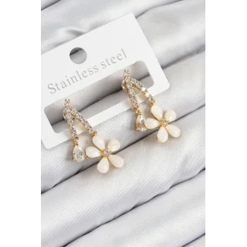 Pirinç Zirkon Taşlı Papatya Model Gold Renk Kadın Küpe