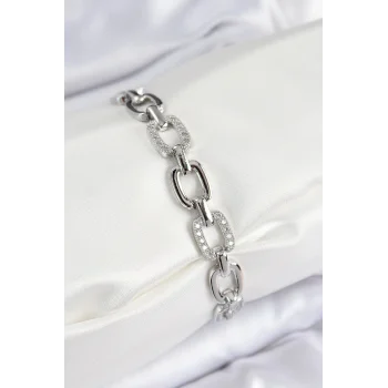 Pirinç Zirkon Taşlı Parçalı Zincir Model Gümüş Renk Kadın Bileklik