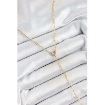 Pirinç Zirkon Taşlı Pembe Kalp Figürlü Y Model Gold Renk Kadın Kolye
