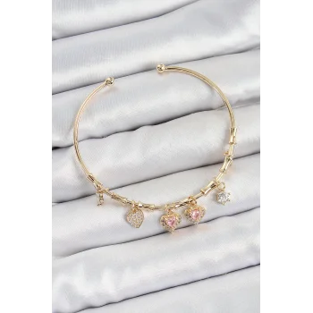 Pirinç Zirkon Taşlı Pembe Kalp Model Gold Renk Charm Bileklik
