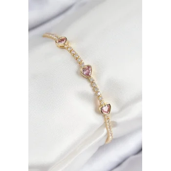 Pirinç Zirkon Taşlı Pembe Kalp Model Gold Renk Kadın Bileklik