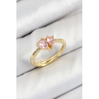 Pirinç Zirkon Taşlı Pembe Kalp Model Gold Renk Kadın Yüzük