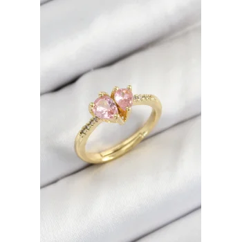Pirinç Zirkon Taşlı Pembe Kalp Model Gold Renk Kadın Yüzük