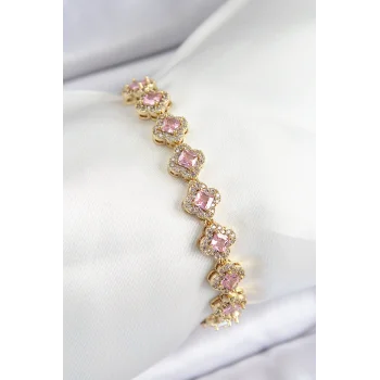 Pirinç Zirkon Taşlı Pembe Yonca Baget Model Gold Renk VIP Seri Kadın Bileklik