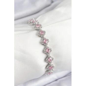 Pirinç Zirkon Taşlı Pembe Yonca Baget Model Gümüş Renk VIP Seri Kadın Bileklik