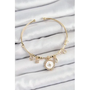 Pirinç Zirkon Taşlı Pusula Model Gold Renk Charm Bileklik