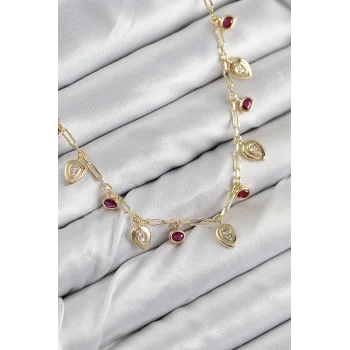 Pirinç Zirkon Taşlı Sallantılı Damla Model Gold Renk Kadın Kolye