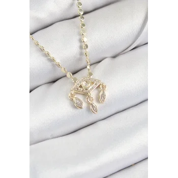 Pirinç Zirkon Taşlı Sallantılı Göz Model Ezme Zincir Gold Renk Kadın Kolye