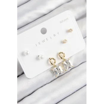 Pirinç Zirkon Taşlı Sallantılı Kare Model Gold Renk 925 Ayar Gümüş Çivi Kadın Küpe Set