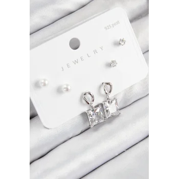 Pirinç Zirkon Taşlı Sallantılı Kare Model Gümüş Renk 925 Ayar Gümüş Çivi Kadın Küpe Set