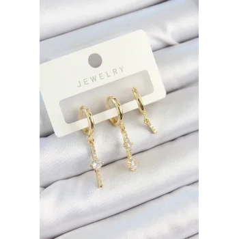Pirinç Zirkon Taşlı Sallantılı Model Gold Renk 3lü Çift Kadın Küpe Set