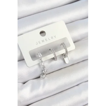 Pirinç Zirkon Taşlı Sallantılı Model Gümüş Renk 3lü Çift Kadın Küpe Set