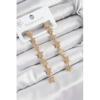 Pirinç Zirkon Taşlı Sallantılı Yıldız Model Gold Renk Kadın Küpe