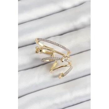 Pirinç Zirkon Taşlı Sıkıştırma Sağ Kıkırdak Gold Renk Kadın Küpe