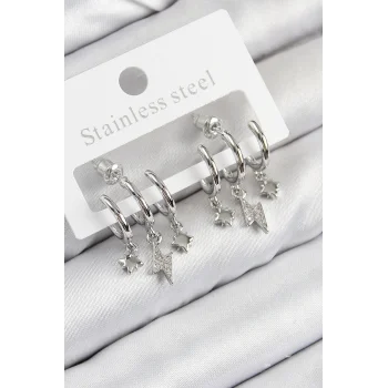 Pirinç Zirkon Taşlı Şimşek Model Gümüş Renk Kadın Küpe