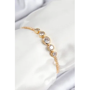 Pirinç Zirkon Taşlı Sıralı Daire Model Gold Renk Asansörlü Kadın Bileklik