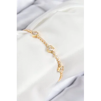 Pirinç Zirkon Taşlı Sıralı Kalp Model Gold Renk Kadın Bileklik