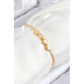 Pirinç Zirkon Taşlı Sonsuzluk Model Gold Renk Asansörlü Kadın Bileklik