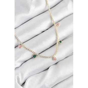 Pirinç Zirkon Taşlı Su Yolu Damla Model Gold Renk Kadın Kolye