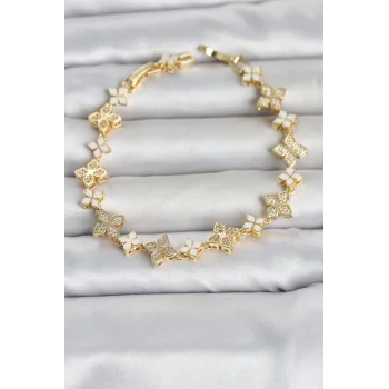 Pirinç Zirkon Taşlı ve Mineli Yonca Model Gold Renk Kadın Bileklik