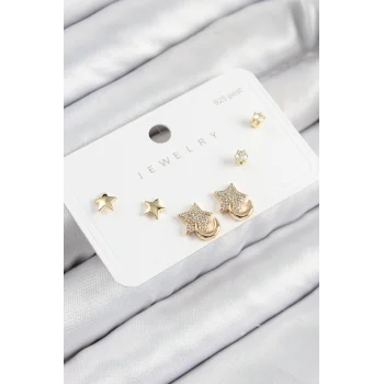 Pirinç Zirkon Taşlı Yıldız Model Gold Renk 925 Ayar Gümüş Çivi Kadın Küpe Set