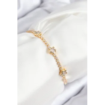 Pirinç Zirkon Taşlı Yıldız Model Gold Renk Asansörlü Kadın Bileklik