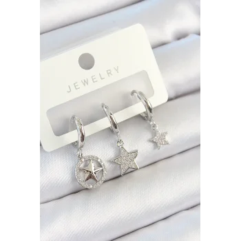 Pirinç Zirkon Taşlı Yıldız Model Gümüş Renk 3lü Çift Kadın Küpe Set