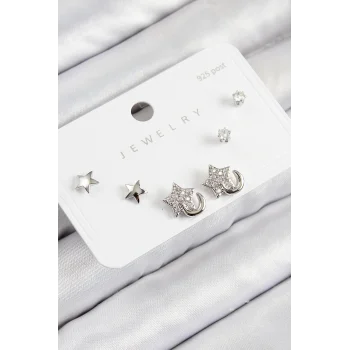 Pirinç Zirkon Taşlı Yıldız Model Gümüş Renk 925 Ayar Gümüş Çivi Kadın Küpe Set