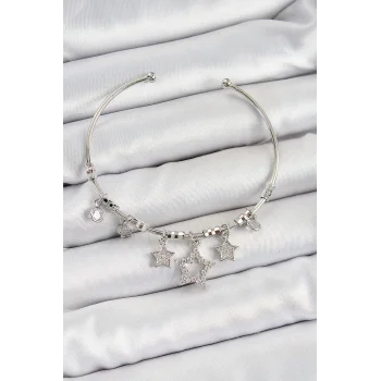 Pirinç Zirkon Taşlı Yıldız Model Gümüş Renk Charm Bileklik