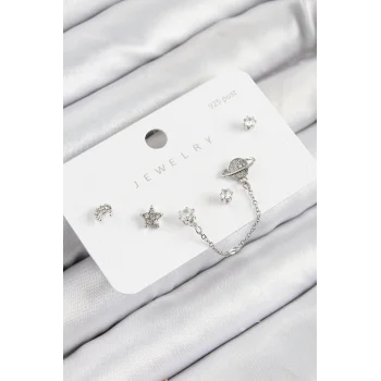 Pirinç Zirkon Taşlı Yıldız Ve Gezegen Model Gümüş Renk 925 Ayar Gümüş Çivi Kadın Küpe Set