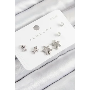 Pirinç Zirkon Taşlı Yıldız Ve Gül Model Gümüş Renk 925 Ayar Gümüş Çivi Kadın Küpe Set