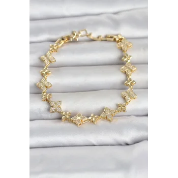 Pirinç Zirkon Taşlı Yonca Model Gold Renk Kadın Bileklik
