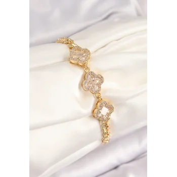Pirinç Zirkon Taşlı Yonca Model Gold Renk Kadın Bileklik