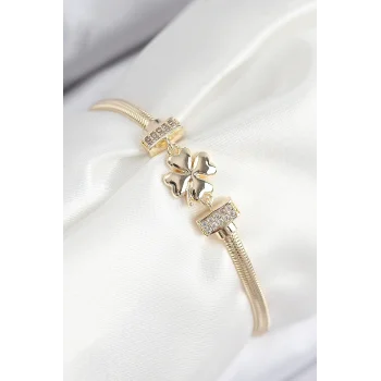 Pirinç Zirkon Taşlı Yonca Model Gold Renk Kadın Bileklik