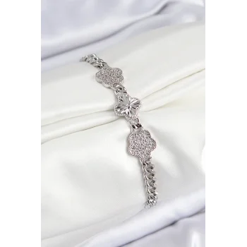 Pirinç Zirkon Taşlı Yonca Model Gümüş Renk Kadın Bileklik