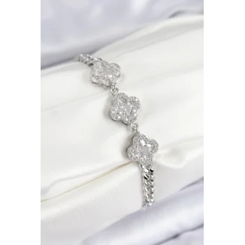 Pirinç Zirkon Taşlı Yonca Model Gümüş Renk Kadın Bileklik