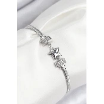 Pirinç Zirkon Taşlı Yonca Model Gümüş Renk Kadın Bileklik