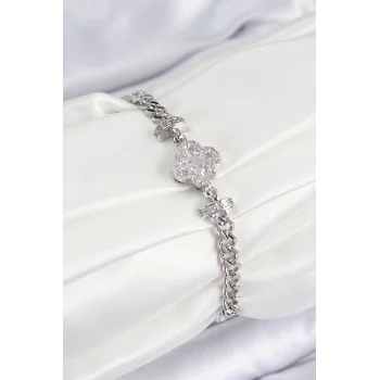 Pirinç Zirkon Taşlı Yonca Model Gümüş Renk Kadın Bileklik