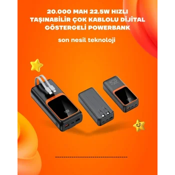 Powerbank 20000 mAh | 22.5W Hızlı Şarj, Dahili Kablolu, LCD Ekranlı Şarj Cihazı