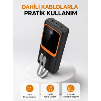 Powerbank 20000 mAh Dijital Ekranlı ve Çok Kablolu Hızlı Şarj Cihazı
