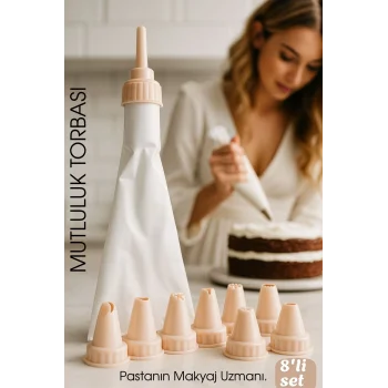 Profesyonel 8'li Krema Sıkma Torbası Seti | Pastacılık Dekorasyon Uçları ve Fırfır Başlıkları