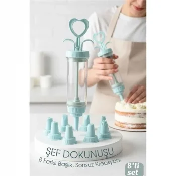 Profesyonel 8li Başlıklı Pasta Krema Süsleme Pompası Seti Enjektör Uçlu 722555