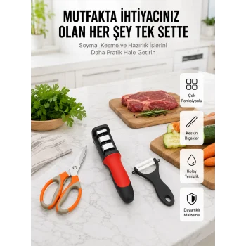 Profesyonel Mutfak Makas Seti –  Kesim Makası + Soyacak + Bileyici Yeni Nesil