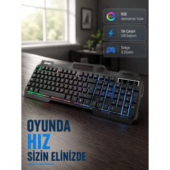 Profesyonel Oyuncu Klavye Mouse Seti – RGB Işıklı, Türkçe Q, DPI Ayarlı, Dayanıklı Gövde