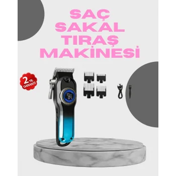 Profesyonel Saç Kesme Makinesi – 2000 mAh Şarjlı, LCD Ekranlı