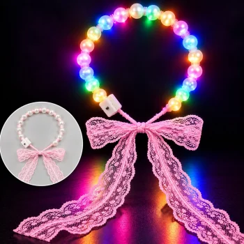 Renkli Işıklı İnci Taç 3 Modlu – Pembe Dantelli (5047)