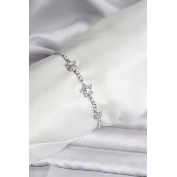 Renkli Yıldız Model Zirkon Taşlı Gümüş Renk Pirinç Su Yolu Kadın Bileklik