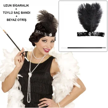 Retro Charliston Beyaz Otrişli Aksesuar Seti – 20ler 90lar Gatsby Kostüm Seti