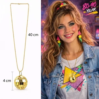 Retro Disko Topu Şekilli 80ler 90lar Altın Renk Plastik Kolye